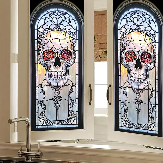 HOMETITUTE Dead Sugar Skull Catrina Rose Privacy Window Cling 18x39 PVC - skull sticker