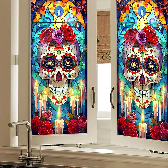 HOMETITUTE Dead Calavera Rose Skeleton Privacy Window Cling 18x39 PVC - skull sticker