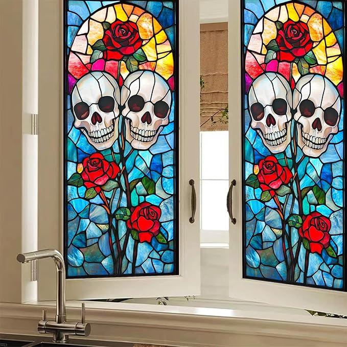 HOMETITUTE Day Dead Skull Rose Party Privacy Window Cling 18x39 PVC - skull sticker