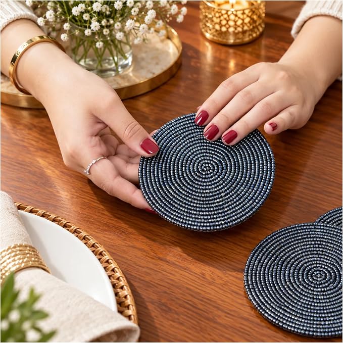 Beaded Coasters Set of 4, 4 Inch Handmade Charcoal Grey Drink Coasters - skull coaster
