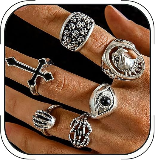 Gothic Vintage Rings Set for Men Silver Chunky Punk Star Snake Stackable Statement Gothic Rings Men Punk Hip Hop Jewelry - skull ring