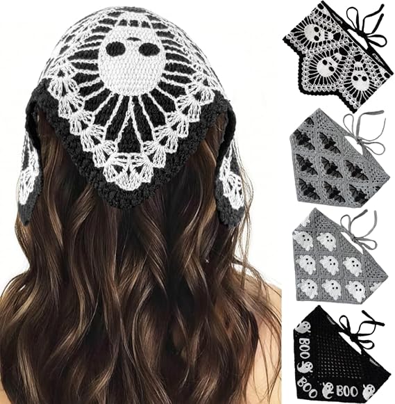 IcosaMro Gothic Headbands for Women 4 Pack Goth Hair Accessories Halloween Gothic Apparel Clothes Accessory Crochet Hairband Spooky Decor - skull headband