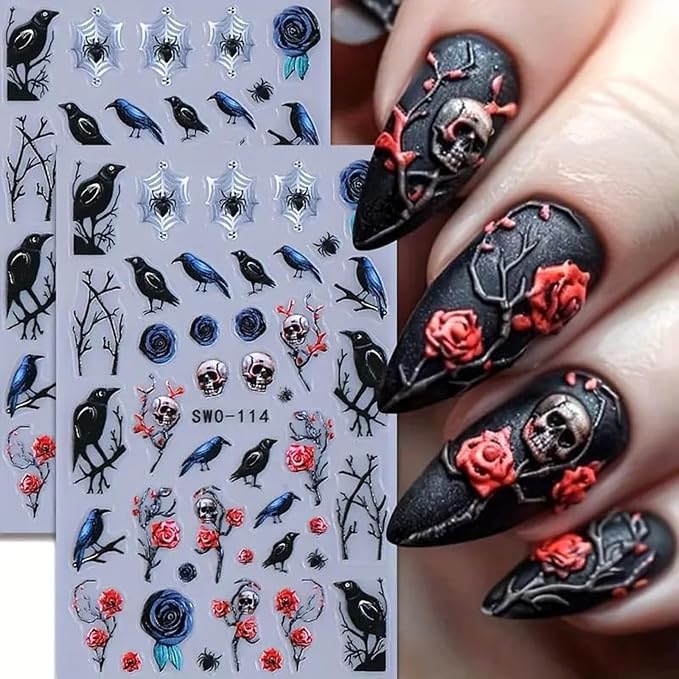 Halloween Nail Art Stickers Decals 2PCS 5D Embossed Skull Nail Art Decals Crow Spider Web Nails Supplies Branch Blue Red Flowers Skull Spider Designs Stickers Halloween Manicure Decorations for Women - skull sticker