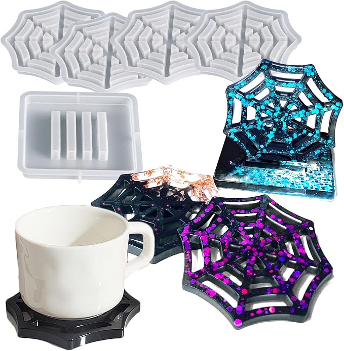 1 Set of Cobweb Coaster Silicone Resin Mold with 4 Pcs Spider Web Shaped Epoxy Silicone Placemat Coasters Casting Molds Tray for Drinking Glasses Coffee Cup, 3D DIY Halloween Making Crafts - skull ashtray