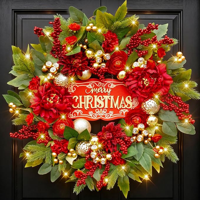 Christmas Wreaths for Front Door 24 Inch Christmas Wreath with Red Flowers, Berries, Gold Ornaments and LED Lights,Holiday Wreath for Indoor Outdoor Christmas Decorations - skull wreath