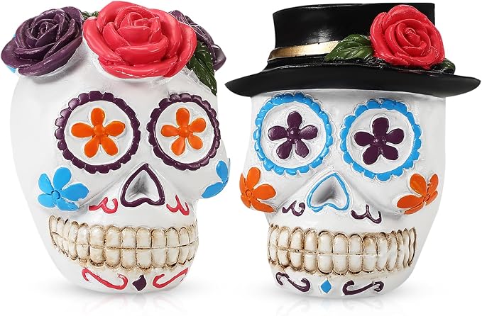 Roowest 2 Pcs Day of the Dead Sugar Skull Couple Decor, 3.15'', White - sugar skull ornament