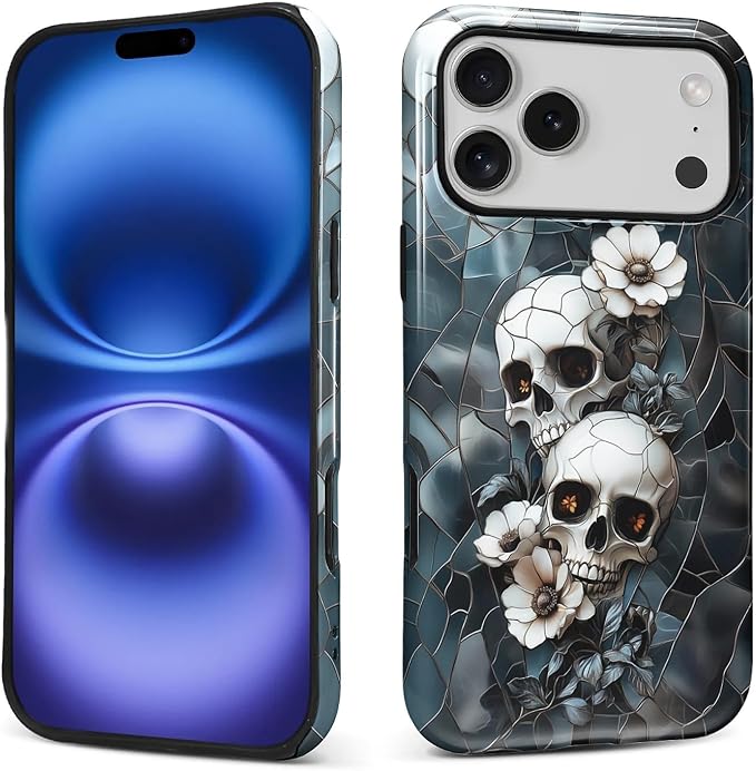 ZHEGAILIAN Case for iPhone 18 Pro Max 17 Pro Max,Shockproof Hard Shell Soft Silicone 2 in 1 Hybrid Shockproof Bumper Drop Protective Skull Wild Flowers Dark - Skull phone case