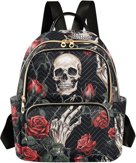 ALAZA Women Mini Backpack Purse Bag Lightweight Casual Daily Travel Backpack Red Roses with Skeleton Skull Back Pack Fashion Multipurpose Shoulder Bag,M - sugar skull handbags for sale