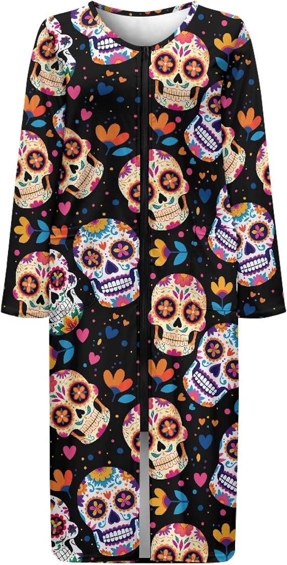 Nightgowns for Women Long Sleeve Housecoat with 2 Pockets Crew Neck Sleep Dress Comfy Full Length Zip Up Robe S-4XL - skull pajamas