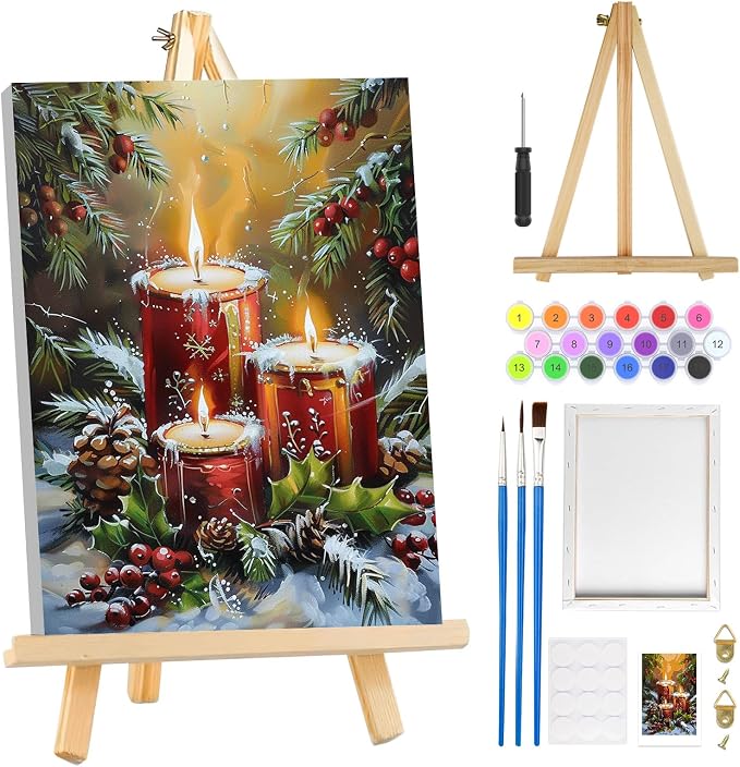 MOGTAA Christmas Paint by Numbers Kit for Adults Beginners with Frame, Christmas Candle Adult Paint by Number Kits on Canvas with Easel, Easy DIY Winter Oil Painting Kits for Home Decor, 8x12in - skull painting
