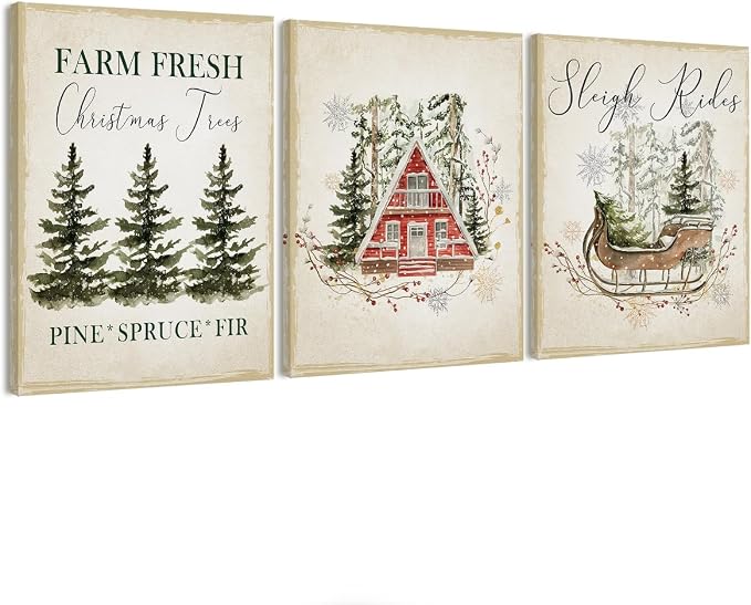 STHTTSW Vintage Christmas Wall Art Decor,Vintage Pine Tree Christmas Wall Art Set of 3,Retro Christmas Tree Pictures Wall Art Decorations for Living Room Bedroom Kitchen Bathroom Office, Winter Holidays Gift - skull wall art