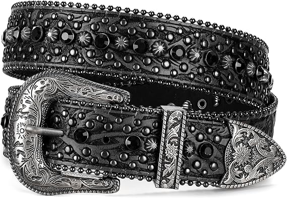 JASGOOD Rhinestone Belt for Women Men Bling Studded Western Cowboy Cowgirl Belts for Jeans - skull wallet