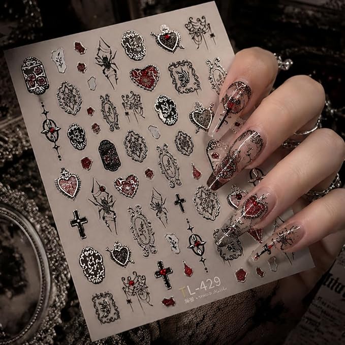 Halloween Nail Art Stickers - 5D Embossed Black Gothic Nail Decals, 1 Sheet - skull sticker