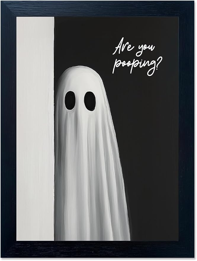 Black Framed Halloween Bathroom Wall Decor – Funny are You Pooping Ghost Print, Cute Spooky Art for Toilet, Restroom & Washroom, Black and White Aesthetic Holiday Design 8″x10″