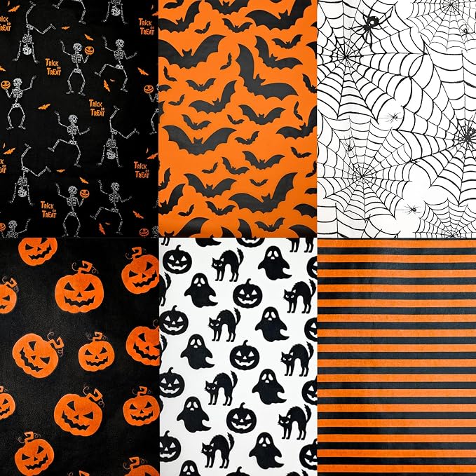 Adurself 120 Sheets Halloween Tissue Paper 14"X20" Black Orange Wrapping Paper with Ghost Pumpkin Bat Spider Pattern Art Packing for Halloween Birthday Party Gift Bag DIY Crafts (6 Patterns) - skull toilet paper