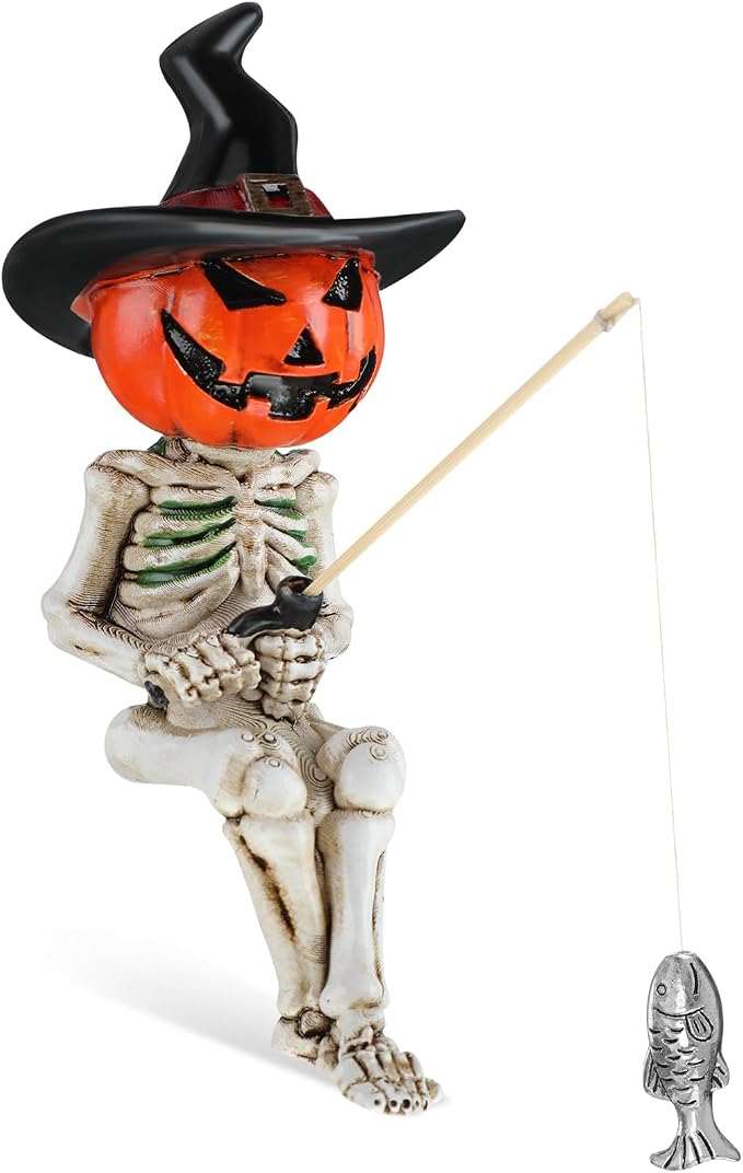 LemonRoad Halloween Fishing Skeleton Figurine Decoration, Pumpkin - skull figurine