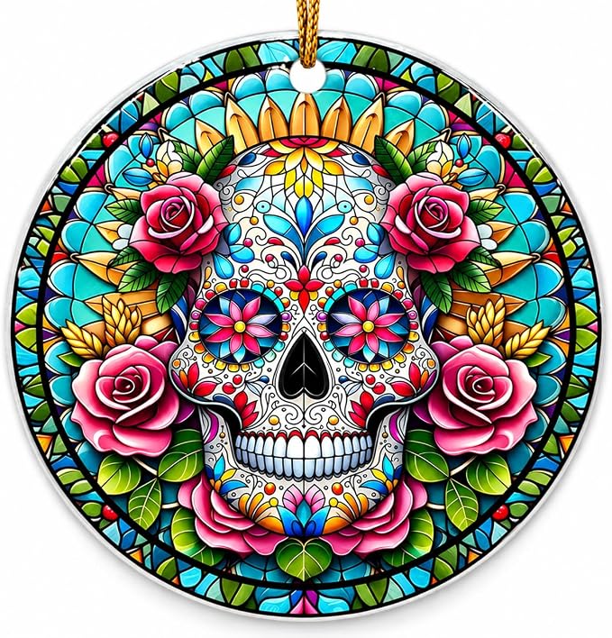 Skull Ornament 2026 Stained Glass Style Day of The Dead - skull sticker