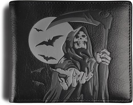 Gothic Mens Wallets Bifold Grim Reaper Soft Genuine Leather Black Wallet For Men,Rfid Blocking,Gifts for Husband - skull wallet