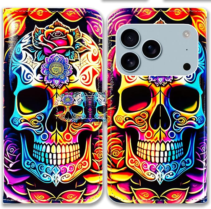 Bcov Case for iPhone 17 Pro Max/iPhone 18 Pro Max,Colorful Mandala Skull Flowers Leather Flip Phone Case Wallet Cover with Card Slot Holder Kickstand Case for iPhone 17 Pro Max/iPhone 18 Pro Max - Skull phone case