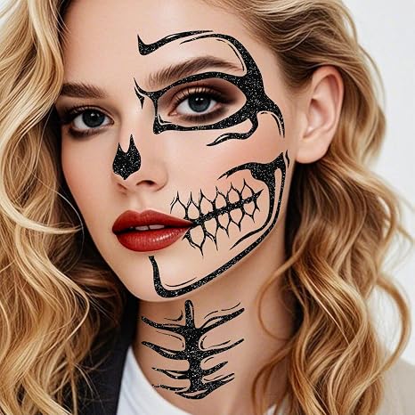 Halloween Face Tattoos Temporary Black Tattoo for Men and Women, Adult, Skeleton Mouth Tattoo Spider Web Face Sticker, Horror Zombie Witch Makeup Kit, Scary Halloween Face Decals 5 Sheets - sugar skull makeup