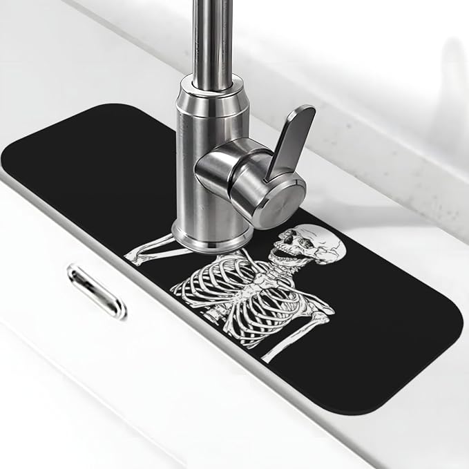 Black Funny Skull Human Skeleton Halloween Kitchen Sink Splash Guard Faucet Mat Super Absorbent Fast Drying Mat Sink Gadgets-Fast Drying Pad Sink Mat For Kitchen Bathroom (15" X 5.5" ) - skull toilet mat