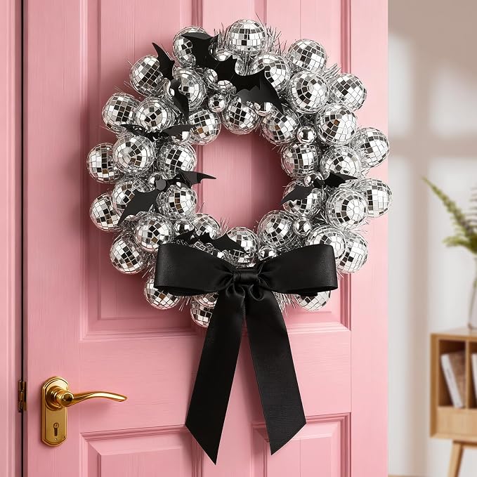 Giegxin 11.8 Inch Halloween Disco Ball Wreath for Front Door - skull wreath