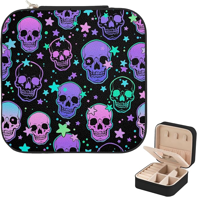 Travel Jewelry Case Portable PU Leather Mini Jewelry Travel Case Small Jewelry Box Earring Holder Organizer Storage for Earrings Necklaces Gift (Stars Purple Skulls)