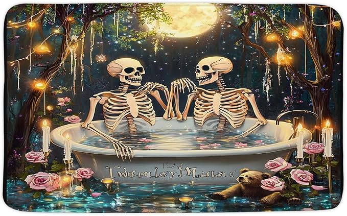 Funny Skull Bath Mat Gothic Halloween Day Floral Spooky Full Moon Skeleton in Bathtub Scary Goth Dead Bath Rugs Home Bathroom Kitchen Door Doormat Toilet Floor Carpet - skull toilet mat