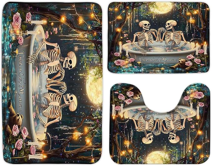 3 Pcs Bath Rugs Set,Funny Skull Bath Mat Gothic Halloween Day Floral Spooky Full Moon Skeleton in Bathtub Scary Goth Dead Bathroom Mats Bedroom Floor Mat Living Room Rug 18"x30"+20"x32"+U - skull toilet mat