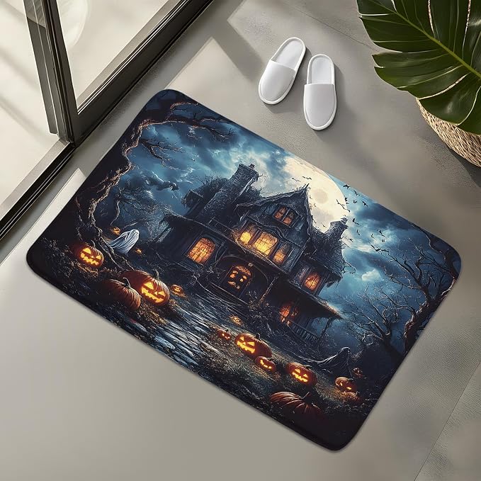 Gothic Castle Bath Rug Halloween Day Blue Dead Spooky Pumpkin Night Scene Scary Haunted House Bat Horror Holiday Bath Mat Home Bathroom Kitchen Door Doormat Toilet Carpet 18 x 30 Inch - skull toilet mat