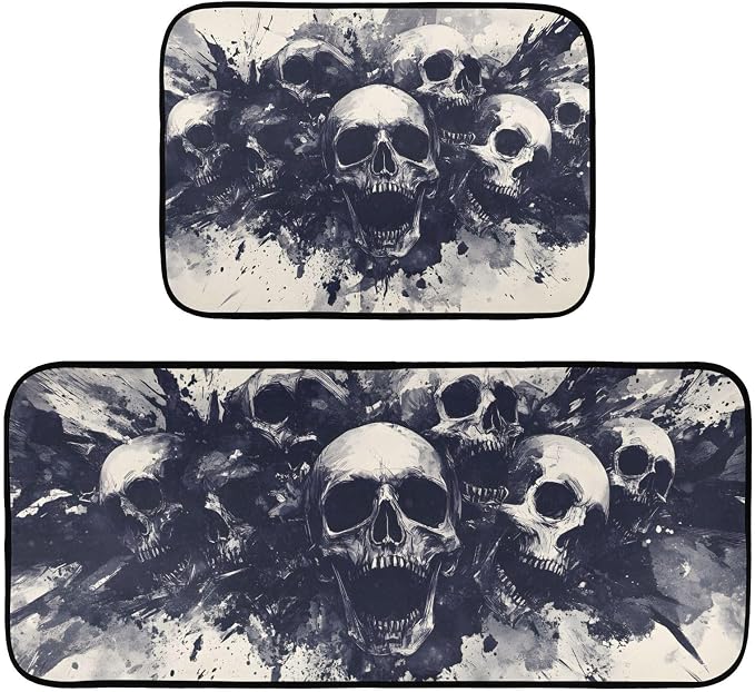 2 Pieces Kitchen Mats Set Pile of Skulls Print Water Absorbent Resist Dirt for Bathroom Sink Doorway 19.7x27.6 in + 19.7x47.2 in - skull toilet mat