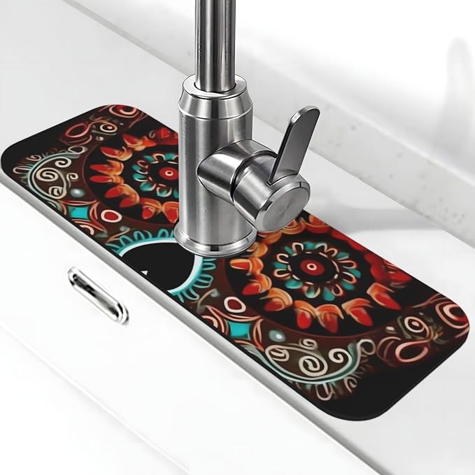 Sugar Skulls Day Of The Dead Splash Guard Mat For Kitchen Sink, Super Absorbent Fast Drying Faucet Mat Draining Mat Sink Gadgets Behind Faucet Sinkmat For Kitchen And Bathroom 15"X5.5" - skull toilet mat