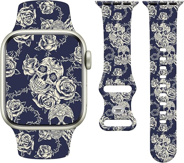Holidays Watch Band Compatible with Apple Watch 38mm 40mm 41mm 42mm 44mm 45mm 46mm 49mm for Men Women,Christmas Soft Silicone Replacement Strap for iWatch Series 10 9 8 7 6 5 4 3 2 1 SE Ultra - skull watch