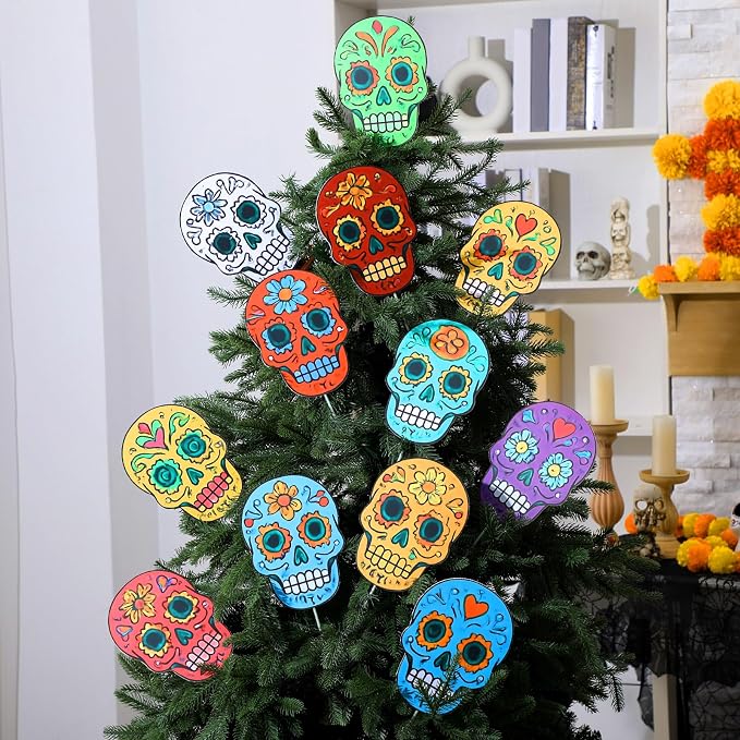 Jenaai 12 Pcs Day of The Dead Decorations Tree Picks Sugar Skull - sugar skull ornament