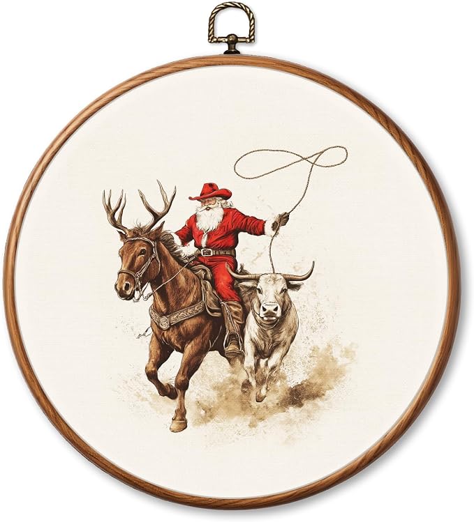 Chicimln Western Christmas Santa Round Wall Art, Cowboy Christmas Rodeo Santa Claus Framed Canvas Prints, Neutral Wild West Xmas Circle Wall Hanging Decor for Home Bedroom living Room 10x10 Inch - skull wall art