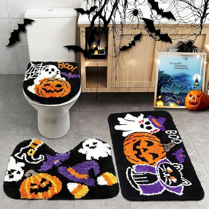 3 Pcs Halloween Pumpkin Bathroom Rug Set, Halloween Bathroom Decor - skull toilet paper