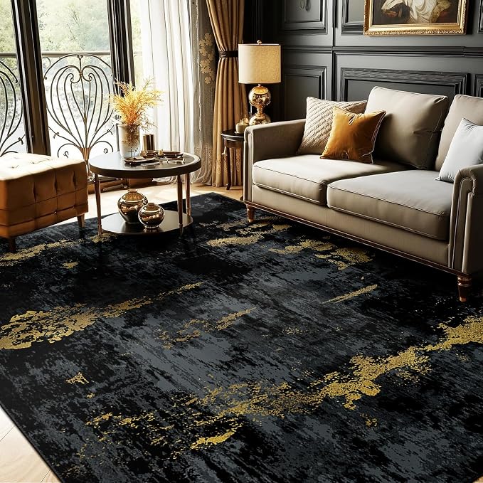 RELEANY Washable 5'x7' Abstract Area Rug for Living Room Black Gold - skull carpet