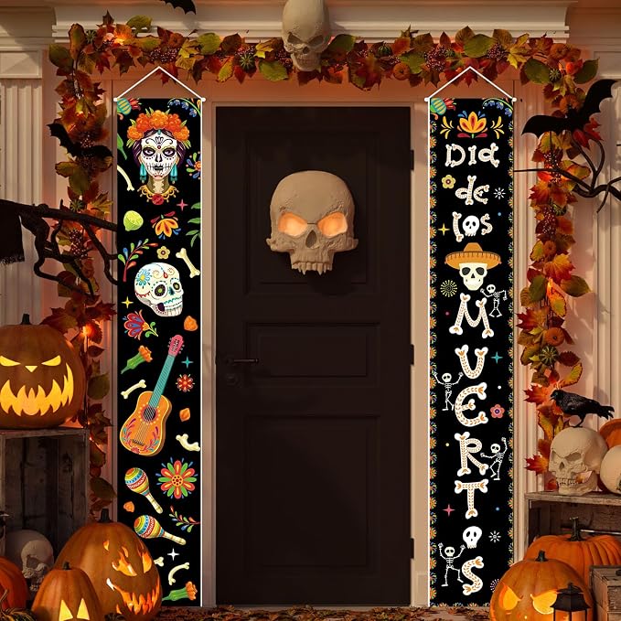 Dia De Los Muertos Porch Banner Sign Mexican Day of The Dead Door Decorations Sugar Skull Hanging Banner for Indoor Outdoor, 12 X 71 Inch - sugar skull ornament