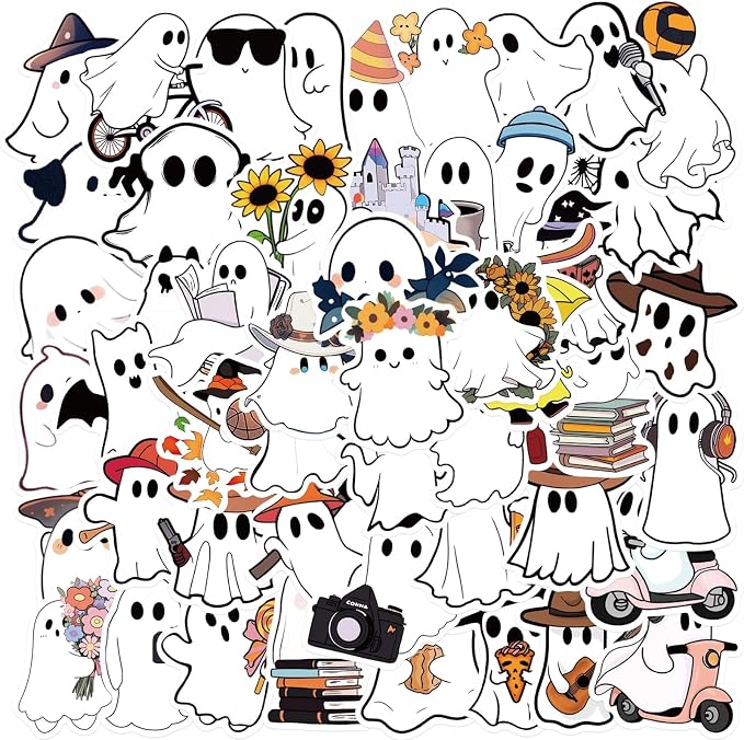 50Pcs Ghost Stickers Pack, Aesthetic Vinyl Waterproof Halloween Sticker Decals for Water Bottle,Laptop,Phone,Skateboard,Scrapbooking,Bumper Choice for Teens Adults Fans for Party Supply (Ghost) - skull sticker