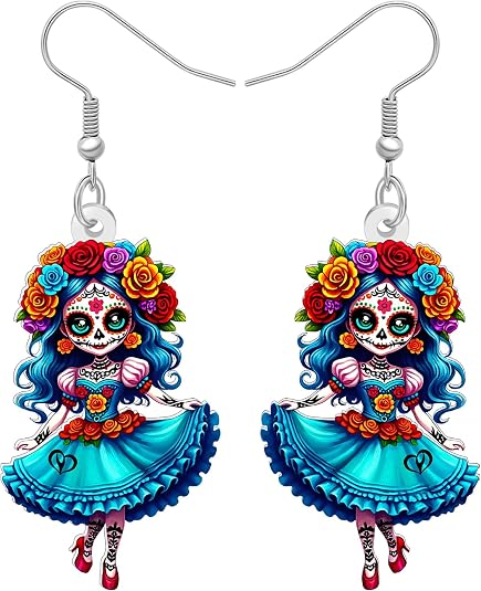 NEWEI Acrylic Horror Day of the Dead Creepy Doll Dangle Earrings Halloween Gifts for Women, Spooky Mexican Voodoo Dolls, Quirky Halloween Costume Jewelry Accessories - sugar skull costume