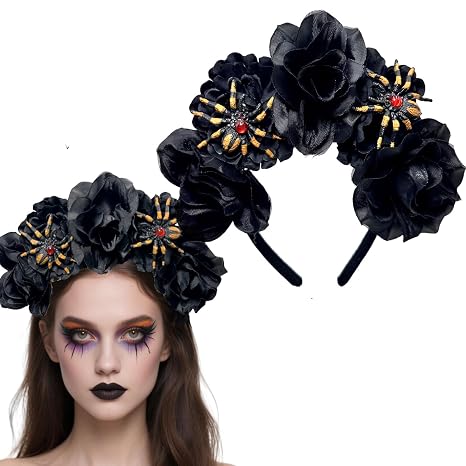 AUOCATTAIL Black Floral Day of the Dead Headband Spider Rose Flower Crown Headpiece Hair Hoop for Women Halloween Festival party Hair Accessories - skull headband