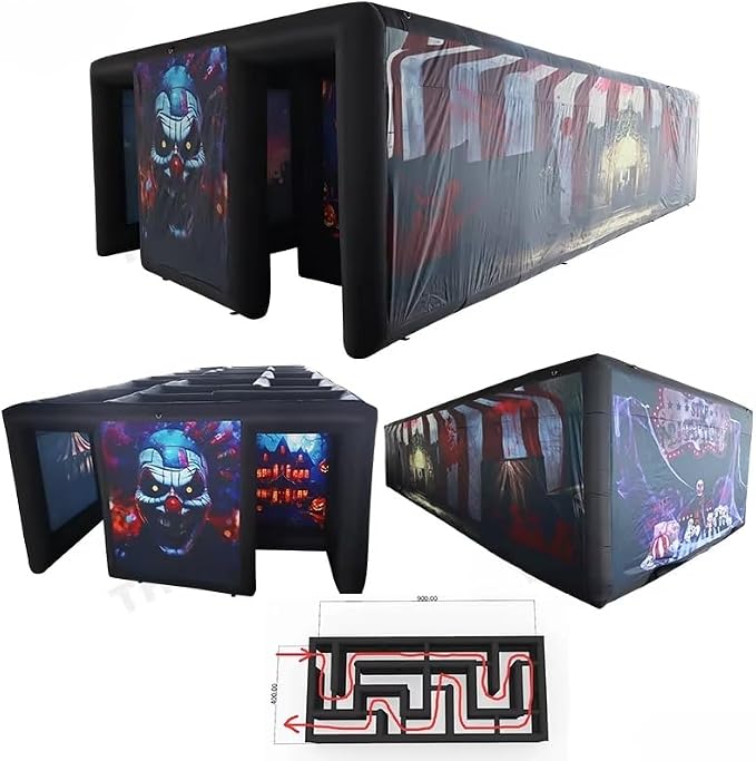 Outdoor Games Inflatable Maze Scary Inflatable Maze Area Halloween Haunted House （30x13ft with Blower） - skull inflatable