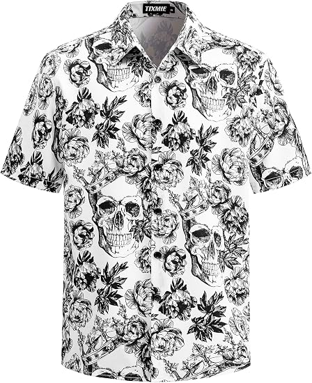 Mens Skull Hawaiian Shirt Short Sleeve Button Down Beach Shirts - skull tshirt