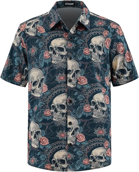Mens Skull Hawaiian Shirt Short Sleeve Button Down Beach Shirts - skull tshirt