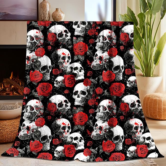 Skull Blanket for Women Men, Super Soft Cool Spooky Horror Gothic Skeleton Rose Skull Blanket for Women Kids Adults, Warm Cozy Black Fuzzy Plush Fleece Flannel Halloween Blankets 60″X50″ for Bedding