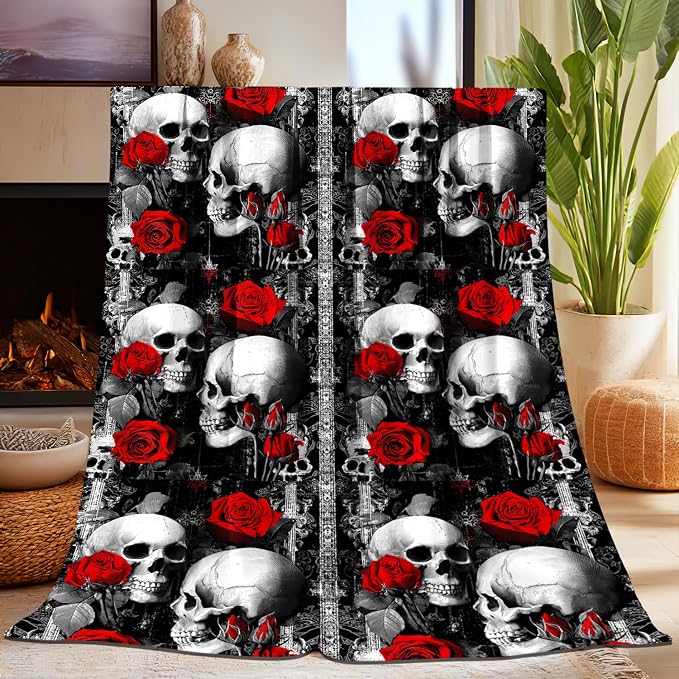Skull Blanket for Women Men, Soft Vintage Horror Gothic Rose Skeleton Skull Blanket for Women Kids Girls, Warm Cozy Black Fuzzy Plush Fleece Flannel Halloween Blankets 60"x50" for Bedding - skull bedding