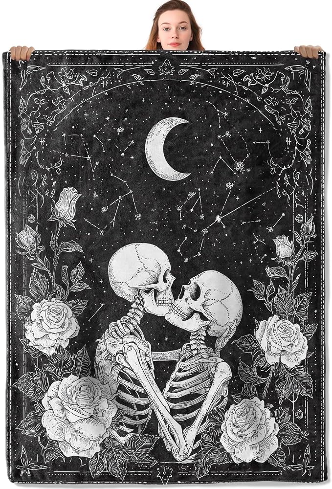 Romantic Skull Design Flannel Blanket Rose and Constellation Warm Lightweight Throw Blankets for Sofa Picnic Travel and Gathering Decorate All Season Use Gothic Lovers 50x60in - skull blanket