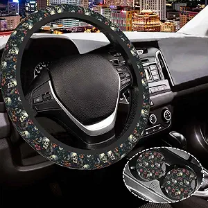 Skull Floral Steering Wheel Cover,Non-Slip Neoprene Universal 15 Inch Car Steering Wheel Cover with 2 Pcs Car Coasters Suitable for Men Women - skull coaster