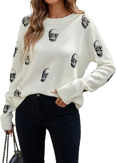 Womens Oversized Crew Neck Ribbed Knit Sweater Winter 2025 Trendy Long Sleeve Halloween Skull Sweaters