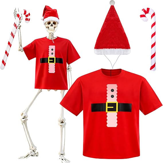 12 ft Giant Skeleton Christmas Costume Accessories Set,Giant Sized Skeleton Clothes Outfits with Santa T-shirt and Hat Inflatable Candy Cane for Yard Garden Lawn Outdoor Skeletons Props Decor - skeleton
